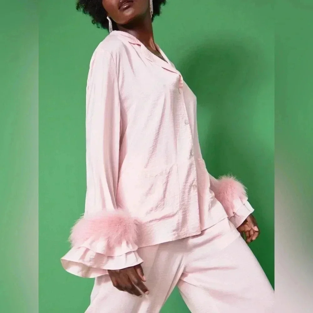 JAYLEY Pink Awilix Day to Night Feather‎ Trim Silk Sleep Trim Long Sleeve Blouse